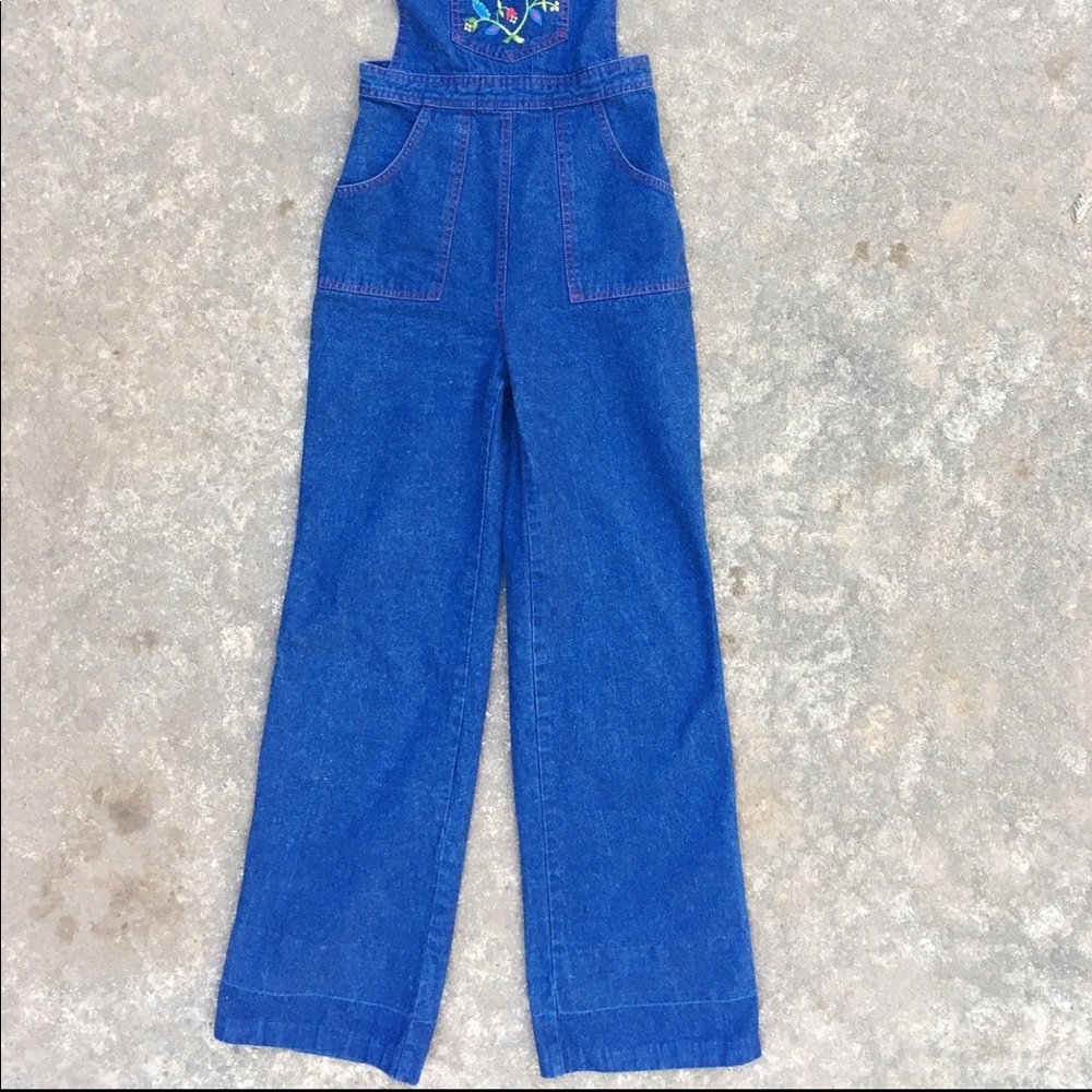 70s High Waisted Bird Floral Denim Overalls XS - Picture 2 of 5